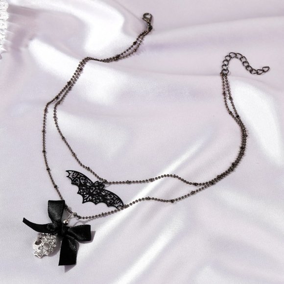 Gothic Filigree Bat, Bow & Skull Double Necklace - Picture 6 of 6